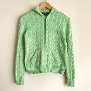 Vintage Ralph Lauren Sport Cable Knit Sweater Full Zip Hoodie Neon Lime Green